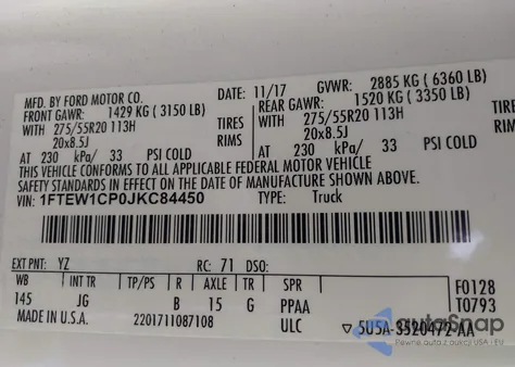 2018 Ford F-150 Xl z USA, uszkodzony, nr VIN 1FTEW1CP0JKC84450